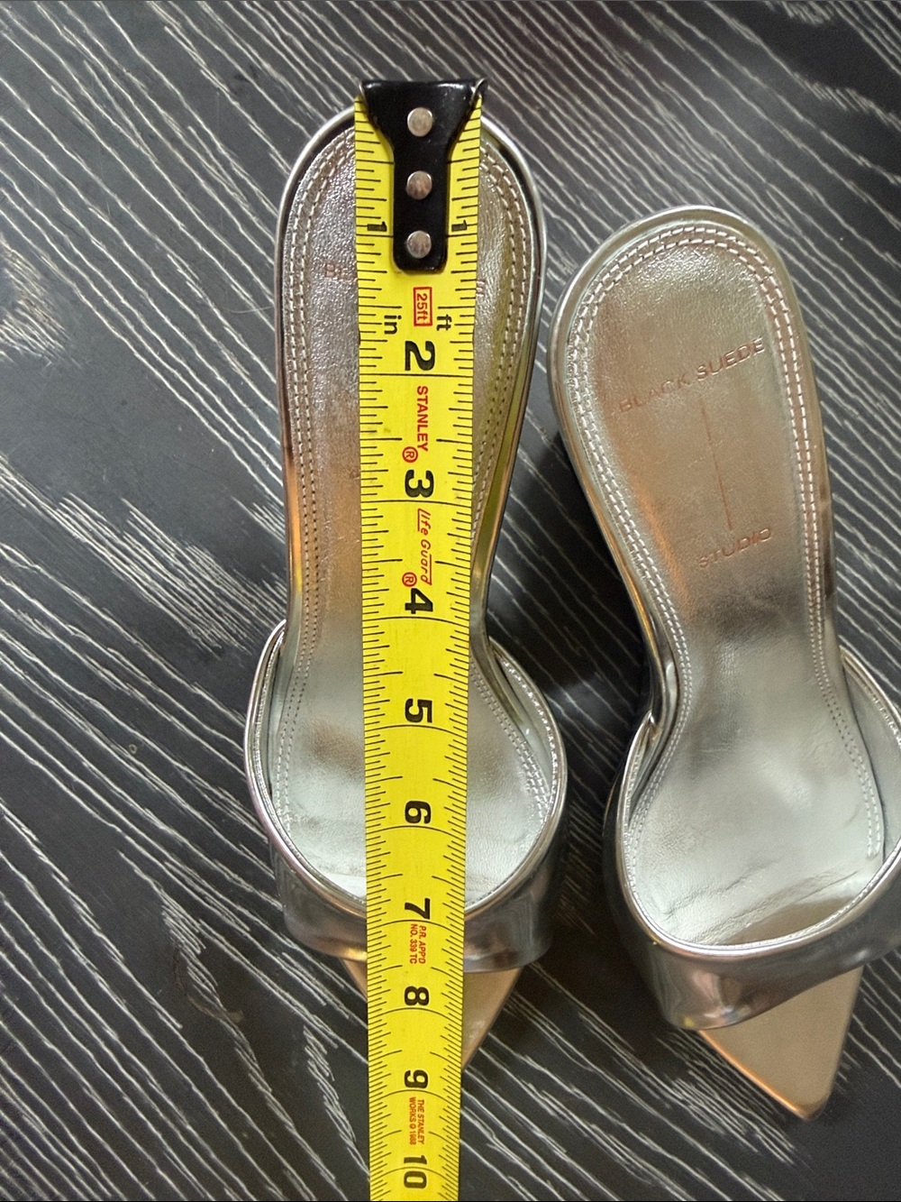 Black Sued Studio Metallic Silver Maeva Mules Wedge Sandals Pointy Toe Sz 38 - Picture 13 of 14